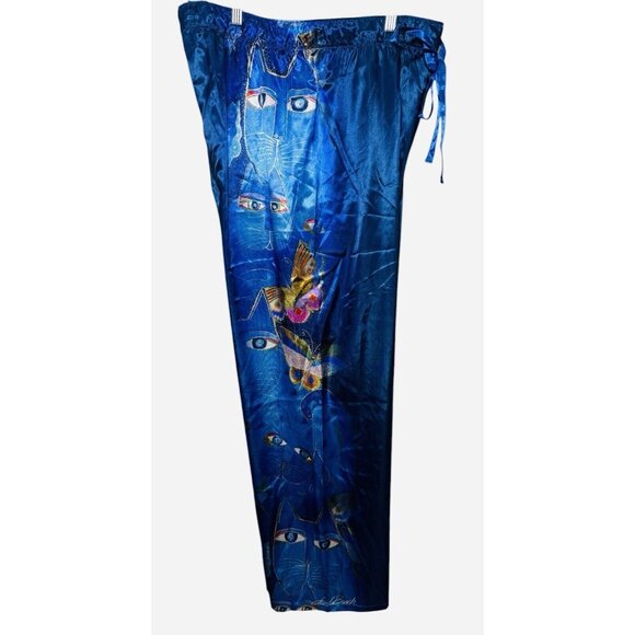 Laurel Burch Indigo Cats Pants Womens XL Satin Blue Lounge Pajama Folk Art PJs - Picture 4 of 8
